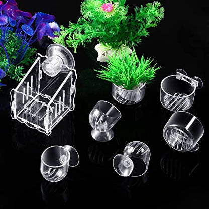 20 Pcs Aquarium Plant Holder with Hole Transparent Acrylic Suction Cup Aquarium Aquatic Planter Cups Fish Tank Aquascape Decoration, 3 Shapes