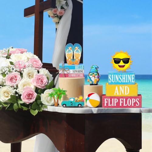 11 Pcs Summer Decorations Set Sunshine Tiered Tray Decor Hello Sweet Summer Wooden Blocks Flip Flops Coconut Tree Centerpiece for Home Office Decorations - style: Hawaiian