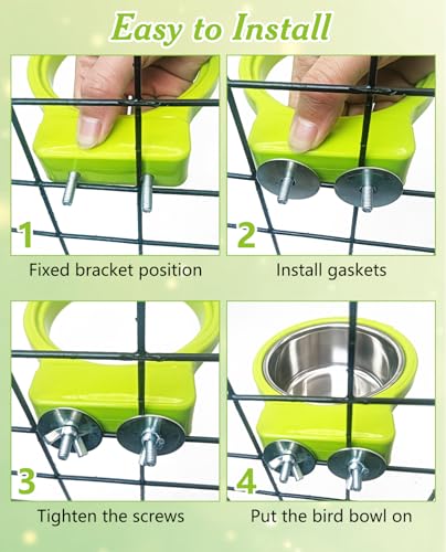 2 PCS Bird Feeding Dish Cups with Perch Stand Hanging Stainless Steel Bird Bowls Food Container Food and Water Bowls with Spoon for Budgie Cockatoo Finch Lovebirds Pigeons (Green&White)