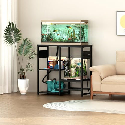 5-10 Gallon Fish Tank Stand with Power Outlets, 4 Tier Metal Aquarium Stand with Wood Storage Shelves, 20.3" L x 10.6" W x 30.3" H Turtle Reptile Fish Tank Table Aquarium Table - Black