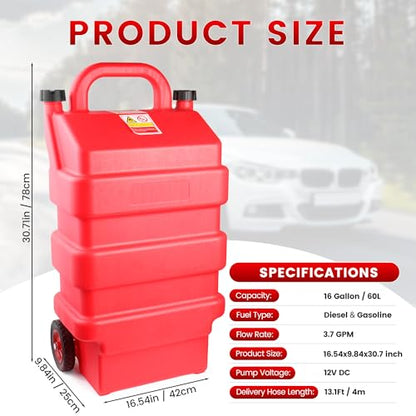 16 Gallon Fuel Caddy with 12V DC 3.7 GPM Pump and 500D Fuel Caddy Cover, 1 x 16 Gallon Transfer Caddy, 1 x Waterproof Caddy Cover - size: 16Gallon 3.7GPM