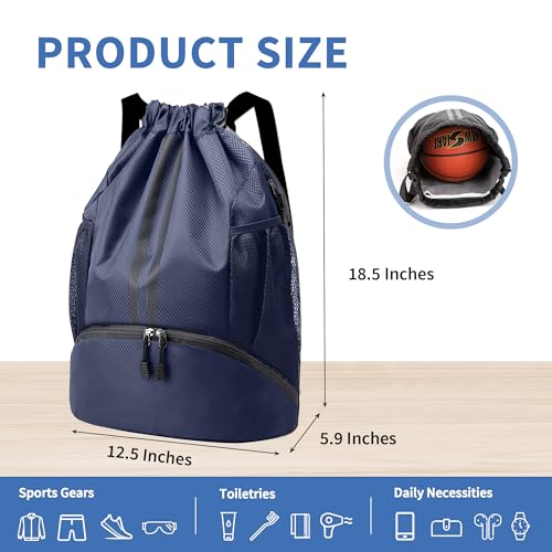 JELUTAR Drawstring Backpack Gym Bag with Shoes Pocket, Navy Blue - color: Navy Blue, size: Large