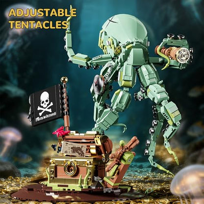 Steampunk Pirate Octopus Building Set for Adults, Mechanical Ocean Animal Collectible Model with Treasure Chest & Flag, Idea Gift for Teens Desk Decor Display -1128pcs