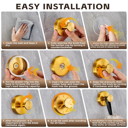 Suction Cup Hooks for Shower,Stainless Steel Towel Hooks No Drill - color: Brushed Gold