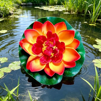 Artificial Floating Foam Lotus Flower with Lily Pads, Artificial Pond Plants Ornaments for Pond Garden Aquarium Decoration, Orange