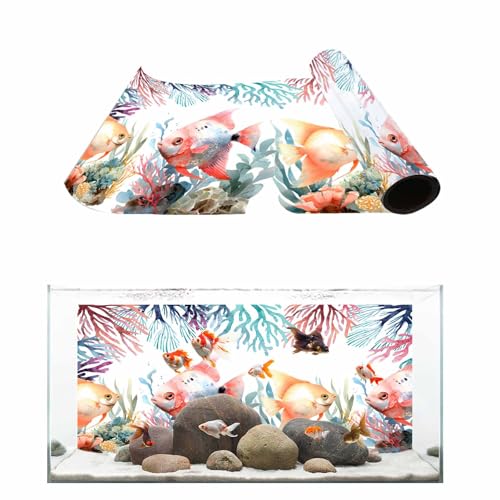 Ocean Tropical Fish Aquarium Background 12x30 Inch Self-Adhesive Fish Tank Decorations, Coastal Blue Coral Marine Life Seagrass Decorative Fish Tank Background Polyester Aquarium Decor Poster