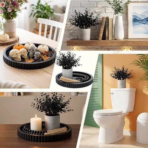 Novabright 3 Pcs Coffee Table Decoration Set Round Wooden Tray a Decorative Beaded Small Black Artificial Eucalyptus Planter for Farmhouses Home Decor