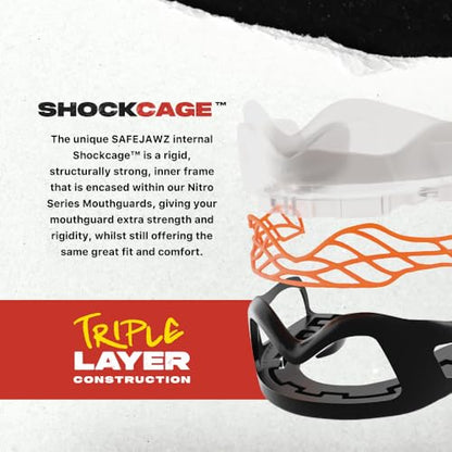 SAFEJAWZ Sports Mouth Guard Triple Layer Premium Protection with Shock-Cage | Adult 12+ Years, Black Mouthguard with Case, Easy Fit Remoldable, Anti Gag, Football, Boxing, Lacrosse, MMA, Contact Sports - color: Black