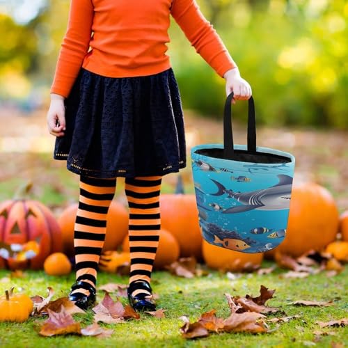 Halloween Trick Or Treat Bags With Handles Collapsible Candy Bucket Reusable Fish Ocean Theme Printed Goody Bucket For Holiday Party Gifts - color: Fish Ocean Theme