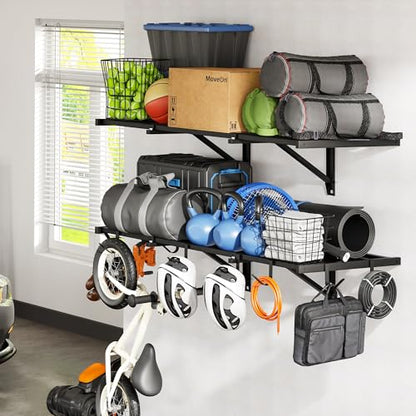 FLEXIMOUNTS 2-Pack 2x4ft Garage Wall Shelving, 8 Hooks, Heavy Duty, Black | Heavy Duty Garage Shelving Wall Mounted, 400lbs Capacity, Storage for Power Tools, Garden Supplies, Storage Bins, Lite Series - size: 2 pack-2x4 ft