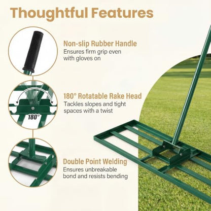 COSTWAY 30x10 Inch Lawn Leveling Rake, Soil Sand Dirt Leveling Tool, Ground Leveler for Yard, Landscape, Garden, Pasture (Green, 30"x10") - color: Green