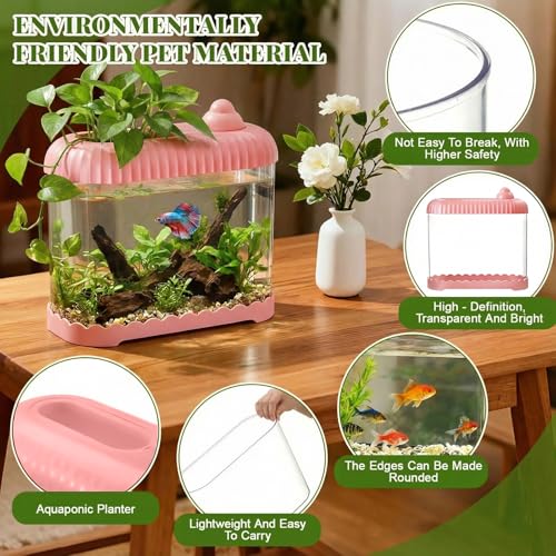Pink 2 Gallon Plastic Aquaponic Betta Fish Tank Large Bowl Shatterproof Small Ecosystem Aquarium with Secure Buckle Lid, Clear Clarity for Terrarium, Flower Vase Betta Fish Tabletop Gifts - color: Pink