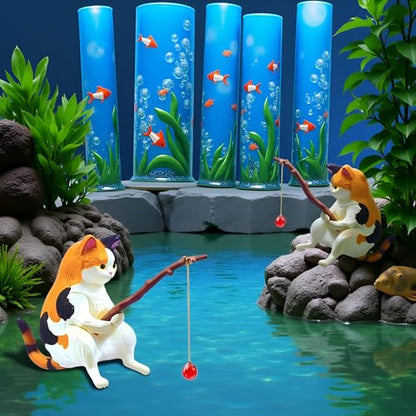 GANPUB 2Pcs Cat Fishing Figurine, Cute Cat Statue Decor, Resin Mini Fish Tank Decorations Craft Sculpture for Aquarium Tanks Desk Yard Pond Indoor Outdoor