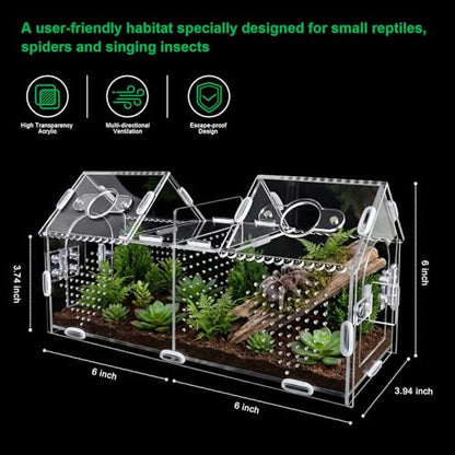 Jumping Spider Enclosure-Large Size Dual Space Tarantula Enclosure,Acrylic Side Door Double Feeding Port Spider Terrarium for Spider,Praying Mantis,Snail,Micro Reptile(12" L*3.6" W*6" H)