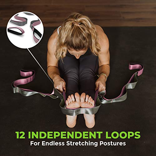 Stretching Strap for Physical Therapy, 12 Multi-Loop Stretch Strap 1.5" W x 8' L, Neoprene Handles, Physical Therapy Equipment, Yoga Straps for Stretching, Leg Stretcher. - color: Pink/Grey
