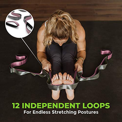 Stretching Strap for Physical Therapy, 12 Multi-Loop Stretch Strap 1.5" W x 8' L, Neoprene Handles, Physical Therapy Equipment, Yoga Straps for Stretching, Leg Stretcher. - color: Pink/Grey