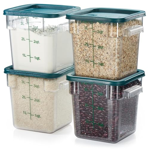 4 Pack Food Storage Container with Green Lid - NSF Commercial Grade in 4.0 Qt - Square, Clear, Polycarbonate