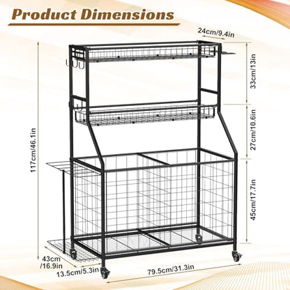 Heavy Duty 3-Tier Sports Equipment Organizer, Large Capacity Garage Storage Rack with 5 Removable Mesh Baskets, Lockable Casters, Bat Holder & Hooks for Balls, Rackets, Gear in Home, Gym, Sc