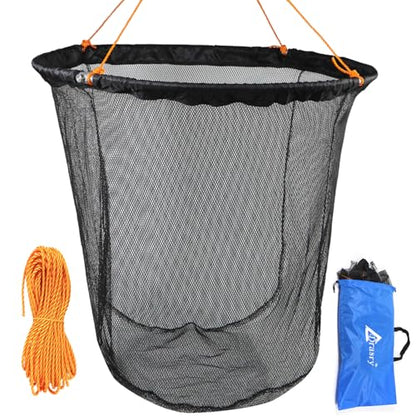 Foldable Bridge and Pier Fishing Landing Net - High Load-Bearing Aluminum Ring Drop Net for Saltwater Freshwater - Collapsible Basket With 49.2 FT Rope