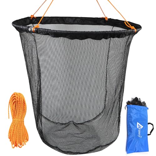 Foldable Bridge and Pier Fishing Landing Net - High Load-Bearing Aluminum Ring Drop Net for Saltwater Freshwater - Collapsible Basket With 49.2 FT Rope