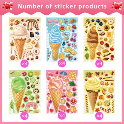 24 Sheets Ice Cream Stickers, Make-a-face Stickers for Kids Toddlers, Make Your Own Mix and Match Stickers, DIY Summer Ice Cream Stickers for Birthday Party Games Teacher Reaward - style: Ice Cream Stickers