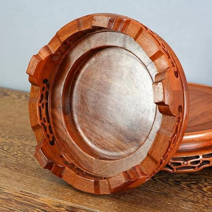 Round Wooden Display Stand With Cattail Mat, Retro Carved Pedestal Base For Vase, Teapot, Buddha, Bonsai Pot(30cm/11.8in) - size: 30cm/11.8in