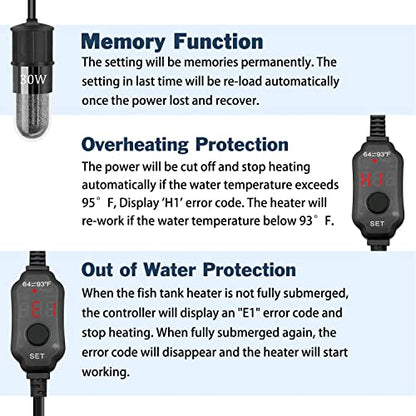Adjustable Mini Aquarium Heater 0.5/1/2/3 Gallon Submersible Small Fish Tank Heater 10W/20W/30W Digital Display Thermostat External Temperature Controller(30W) - size: 30W