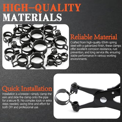324Pcs 6-38mm Spring Band Hose Clamp Assortment Kit, 23 Sizes Black Pipe Clip for Fuel Line, Silicone Hose, Air Tube,Water Pipe Fasteners with Clamp Plier, Hose Removal Plier and Tweezers