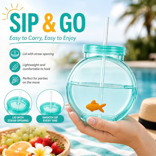 Fish Bowl Tumbler with Straw,Plastic Fish Bowl Cups with Lids and Straw Drinking Purse Bottles Glasses Fishing Decorations Tumblers Wimming Fun Gulp All Summer Big Capacity - color: 5PCS