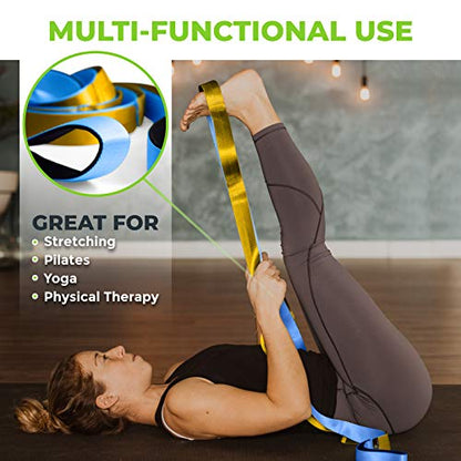 Stretching Strap for Physical Therapy, 12 Multi-Loop Stretch Strap 1.5" W x 8' L, Neoprene Handles, Physical Therapy Equipment, Yoga Straps for Stretching, Leg Stretcher. - color: Blue/Gold