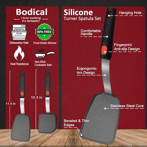2 Pack Silicone Spatula Turner, 600°F Heat Resistant Kitchen Spatula Set for Nonstick Cookware, Cooking Utensil Set for Egg Pancake Flipper/Heat Resistant Silicone Grip | Cooking Utensils Set for Egg Pancake Flipper, Heat Resistant Silicone Grip, Stainles
