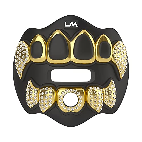 Loudmouth Football Mouth Guard for Youth & Adult - 3D Chrome Grillz Gold Teeth Mouthpiece with Strap, No-Boil Braces-Friendly Sports Mouthguard (Chrome Black/Gold) - color: 3d Grillz Bling - Chrome Black/Gold