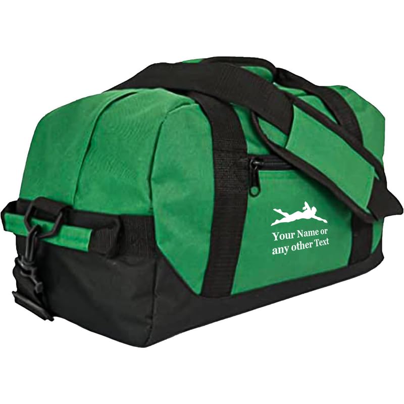 Personalized Passion 14” Small Sports Duffel Bags for Kids - Waterproof Travel Duffle with Name & Swimming Design - Dark Green Two-Toned Kids Weekender Bag for Boys and Girls - color: Dark Green, style: Swimming