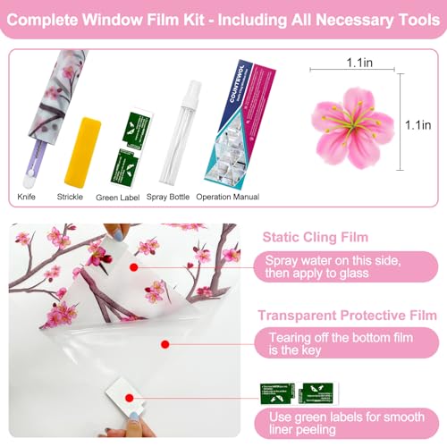 Frosted Static Cling Window Film, Stained Glass Privacy Film with Sakura Pattern, Anti-Glare UV Protection, Removable Decorative Window Clings for Home (Frosted Sakura, 17.5 x78.7 in)