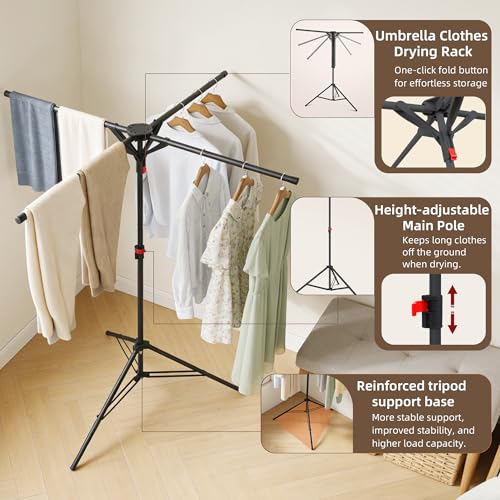 Clothes Drying Rack Foldable, Adjustable Height with Fold Button - size: Height 61 inch-Black