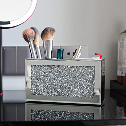 Silver Makeup Brush Holder Organizer, Bling 3 Slot Crushed Diamond Crystal Mirrored Cosmetic Brushes Storage, Eyeliners Eyebrow Pencil Display Case