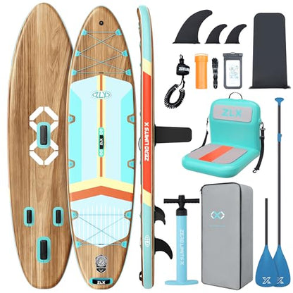 11'6"x35" Inflatable Paddle Board for Adults, Extra Wide Stable SUP | Stand Up Paddleboard, Non-slip EVA Deck, Complete Accessories, Unique Center Fin, for All Skill Levels Paddling On Any Water - color: Brown Wood Seat