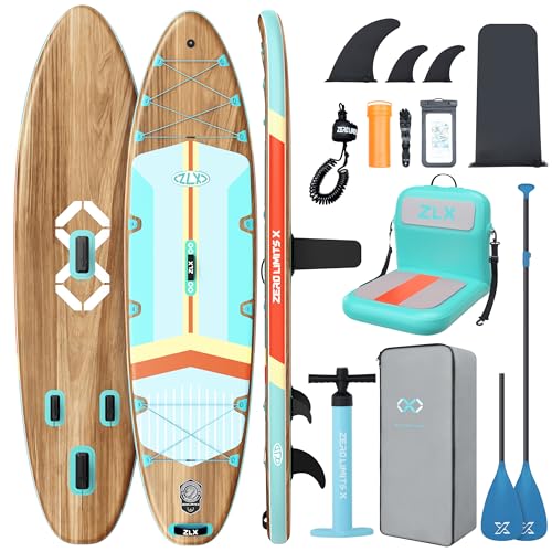 11'6"x35" Inflatable Paddle Board for Adults, Extra Wide Stable SUP | Stand Up Paddleboard, Non-slip EVA Deck, Complete Accessories, Unique Center Fin, for All Skill Levels Paddling On Any Water - color: Brown Wood Seat