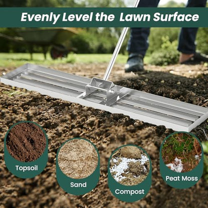 Goplus Lawn Leveling Rake, 46" x 10" Heavy Duty Level Lawn Tool w/ Ergonomic Handle for Soil, Effort-Saving Landscape Rake for Garden, Backyard, Golf Course, Farm, Pasture, Silver