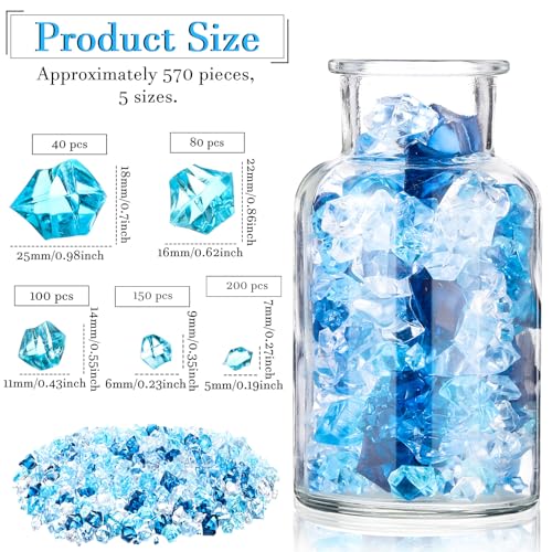 Syhood 570 Pcs 5 Sizes Mixed Blue Fake Crushed Ice Rocks Blue Aquarium Rocks Plastic Gemstone Diamond Acrylic Crystal Gems for DIY Craft Wedding Table Scatter Vase Fillers Fish Tank Decor Centerpieces