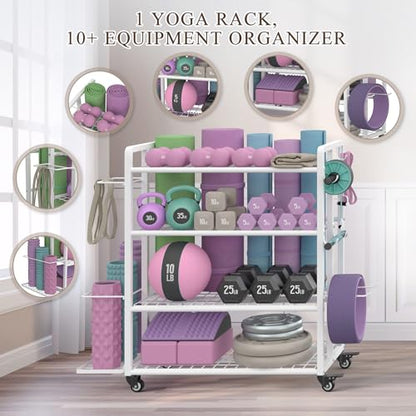 4-Tier Weight Rack for Home Gym with Wheels and Hooks - size: Large White