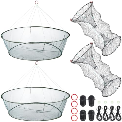 2PCS Fishing Bait Trap and 2 PCS Foldable Fishing Net Lobster Shrimp Collapsible Cast Net Nylon Minnow Trap with Rope Drop Net for Pier Fishing Portable Folded Fishing Accessories