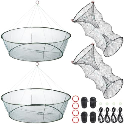 2PCS Fishing Bait Trap and 2 PCS Foldable Fishing Net Lobster Shrimp Collapsible Cast Net Nylon Minnow Trap with Rope Drop Net for Pier Fishing Portable Folded Fishing Accessories