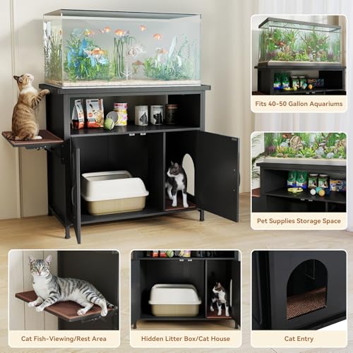40-50 Gallon Fish Tank Stand with Hidden Cat Litter Box Enclosure Furniture, Cat Viewing Aquarium Stand with Storage Shelf & Side Cat Perch, 36.2"x20.5" Tabletop, 660 LBS Capacity - color: Black
