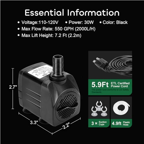 GROWNEER 550GPH Submersible Pump 30W Ultra Quiet Fountain Water Pump, 2000L/H, with 7.2ft High Lift, 3 Nozzles, 4.9 Feet Tubing for Aquarium, Fish Tank, Pond, Hydroponics, Statuary