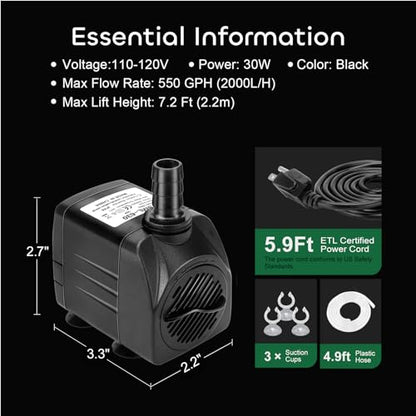 GROWNEER 550GPH Submersible Pump 30W Ultra Quiet Fountain Water Pump, 2000L/H, with 7.2ft High Lift, 3 Nozzles, 4.9 Feet Tubing for Aquarium, Fish Tank, Pond, Hydroponics, Statuary