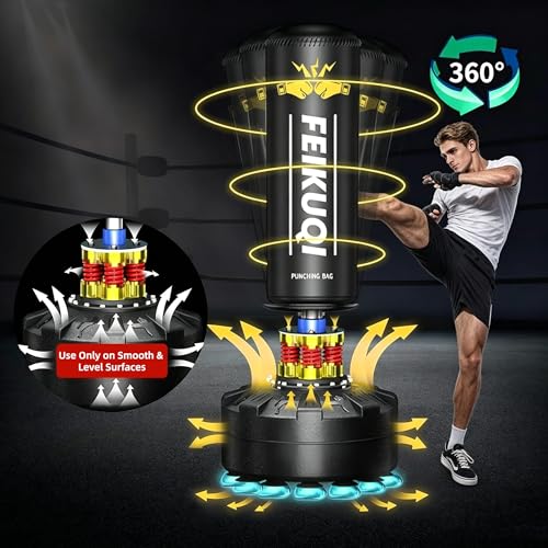 Standing Punching Bag for Adults, Feikuqi 205lbs Heavy Bag for Boxing, Shock Absorber, Suction Cup Base, Stand Up Punching Bag Adult, Standing Kickboxing Bag for Home Office Gym