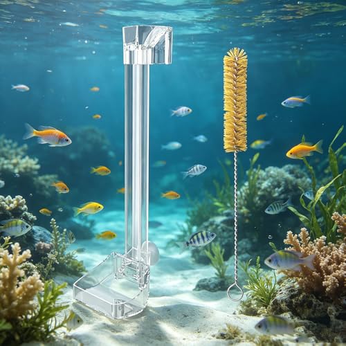 Aquarium Shrimp Feeding Tube and Dish with Brush, Clear Crystal Glass Fish Tank Shrimp Feeder Tube Tray, Adjustable Feeder Tube Fish Shrimp Tank Accessories Clear Acrylic (F-35-14‘’)