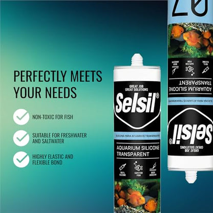 SELSIL Aquarium Silicone Sealant Clear, High Elasticity, Safe for Fish, 100% Solvent Free, 100% Non-Toxic, Fresh and Saltwater, 10.14 Fl oz. (300 ml) Transparent (2 Pack)