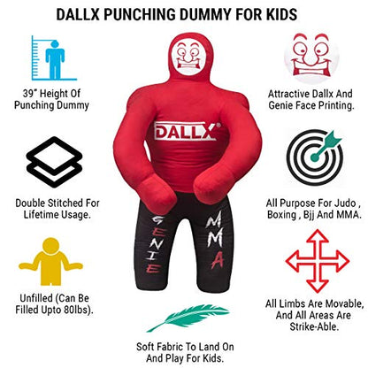 DALLX Kids Grappling Dummy for Fitness Training Practice Wrestling Judo Karate MMA Punching Dummy for Kids Jiu-Jitsu - UNFILLED - color: Red